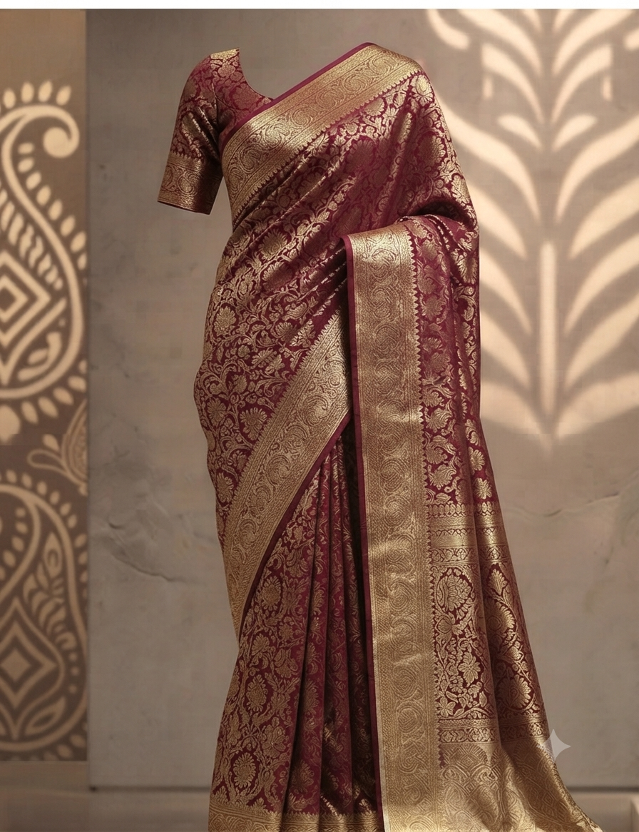 Maroon Banarasi silk with an all-over gold floral brocade weave