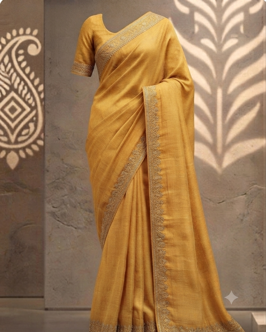 Mustard Linen Zari-Border Saree